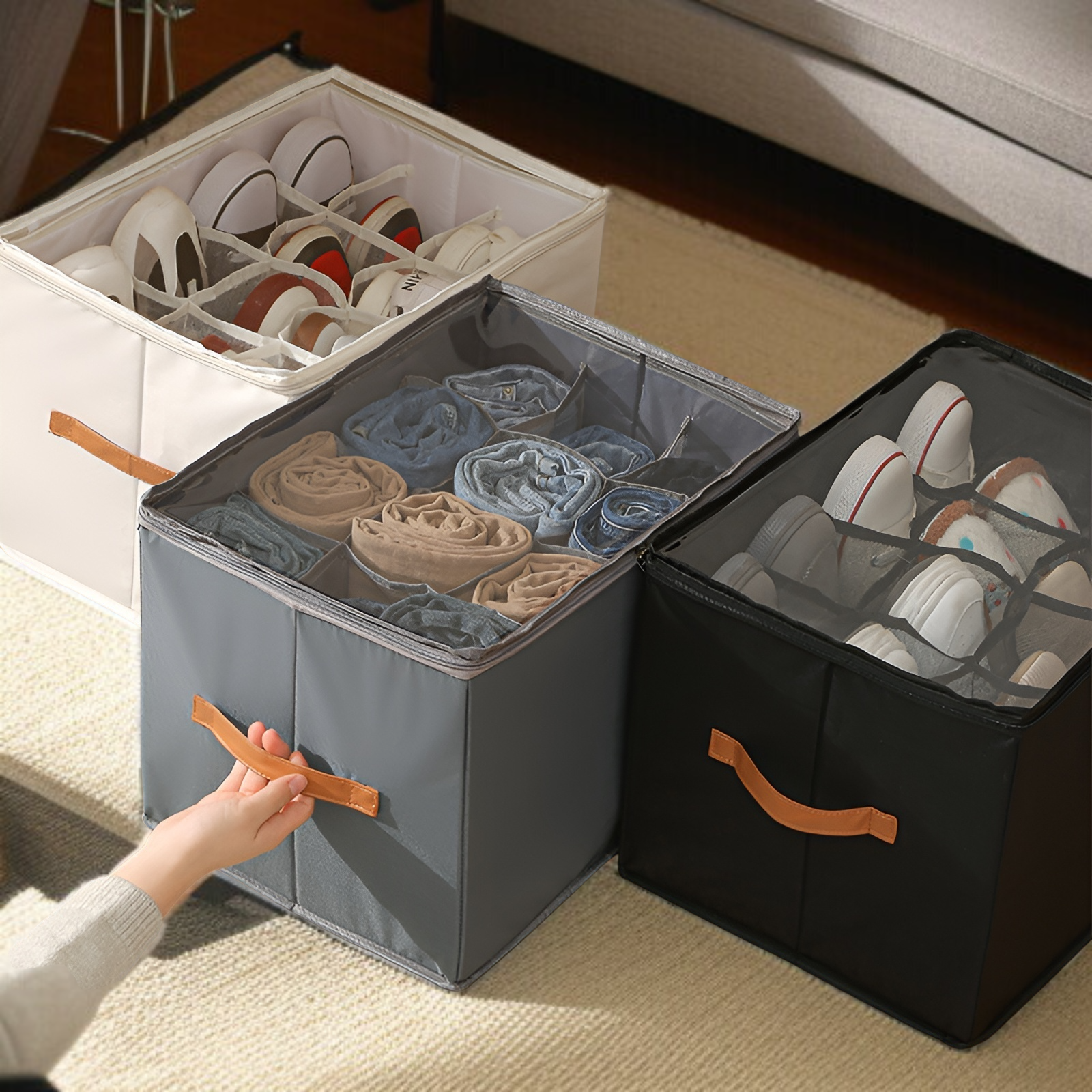 靴収納ボックス 折りたたみ式カバー付き 見える靴箱 多機能 仕切り付き 衣類 雑貨 収納ボックス