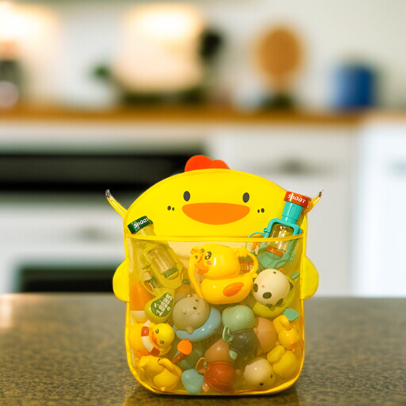 子供用お風呂用おもちゃ収納ネットバッグ おもちゃポケット 防水排水 漫画かわいいアヒル収納バッグ ベビーバスルーム 吸盤付き吊り下げバッグ