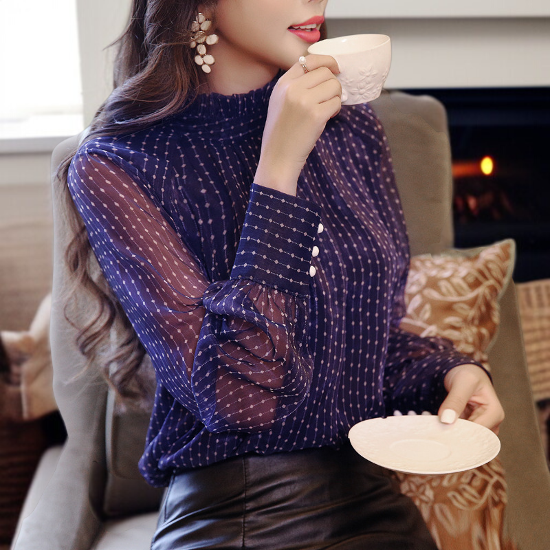 シャツ レディース 水玉シャツ 水玉柄 トップス シフォンシャツ リボンフリル Vネック 長袖 スリム チャーミング 可愛い デート 出張 通勤 OL 普段着 カジュアル フォーマル ロングシーズン