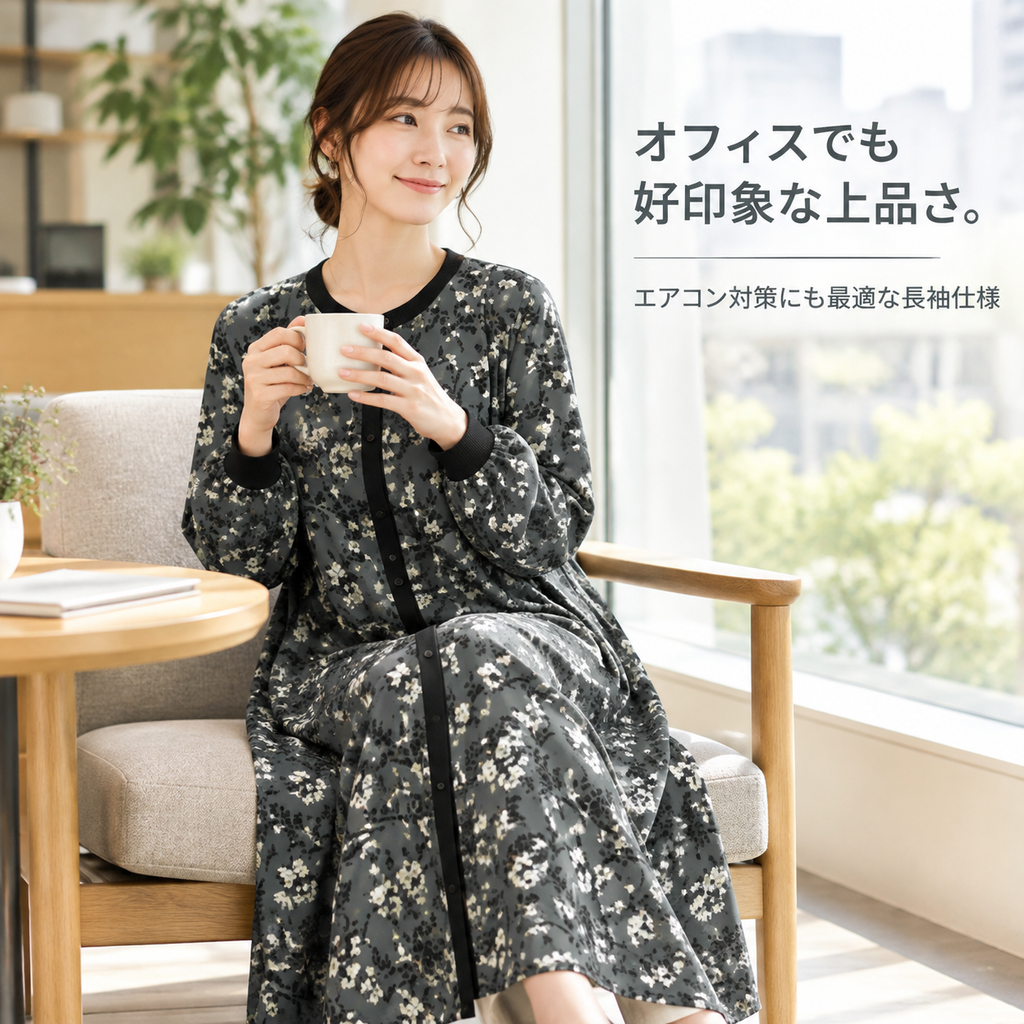 花柄クルーネックロングシャツドレス