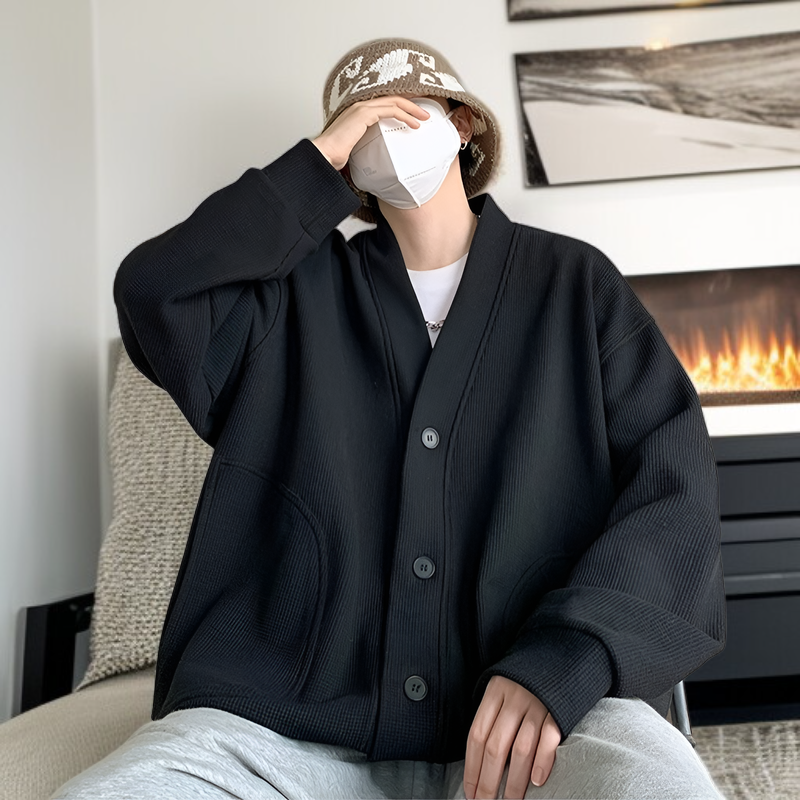 春と秋に着用する男性用のレイジースタイルのウールカーディガンジャケット、Vネックのアメリカンジャケットを備えた先進的な若々しいフードなしセーター