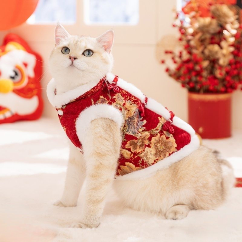 ชุดตรุษจีนสำหรับสุนัขและแมวตัวเล็ก เสื้อกันหนาวผ้าฝ้ายหนา