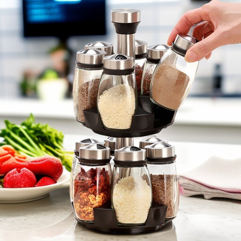 回転式ステンレスガラス調味料瓶、キッチンやバーベキューに最適