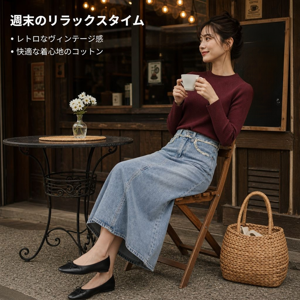 スリムに見せてくれる万能な黒のハイウエストデニムミディスカート