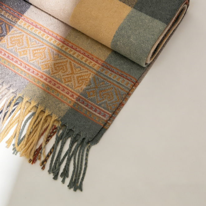 Multicolor Plaid Cozy Scarf draped on mannequin