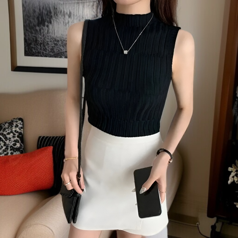 夏新作レトロハイネックスリムフィットニットトップス（女性用、ノースリーブ、万能ベースレイヤーベスト）