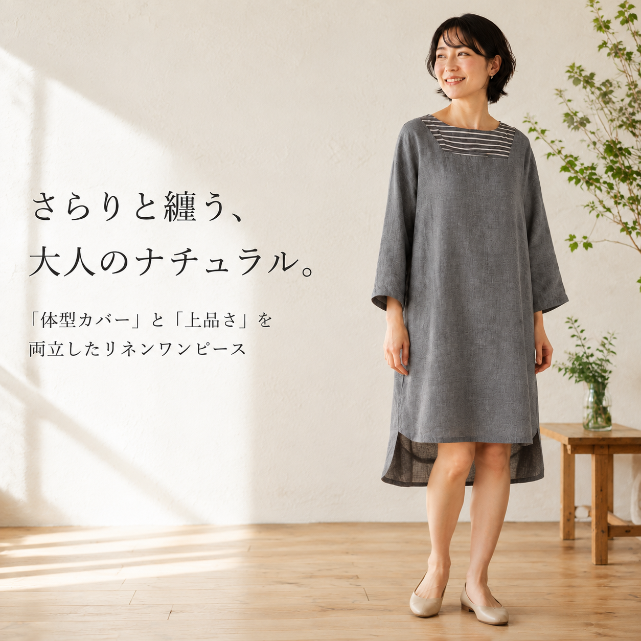 日本風長袖ゆったりリネンストライプ切り替えミディアムワンピース