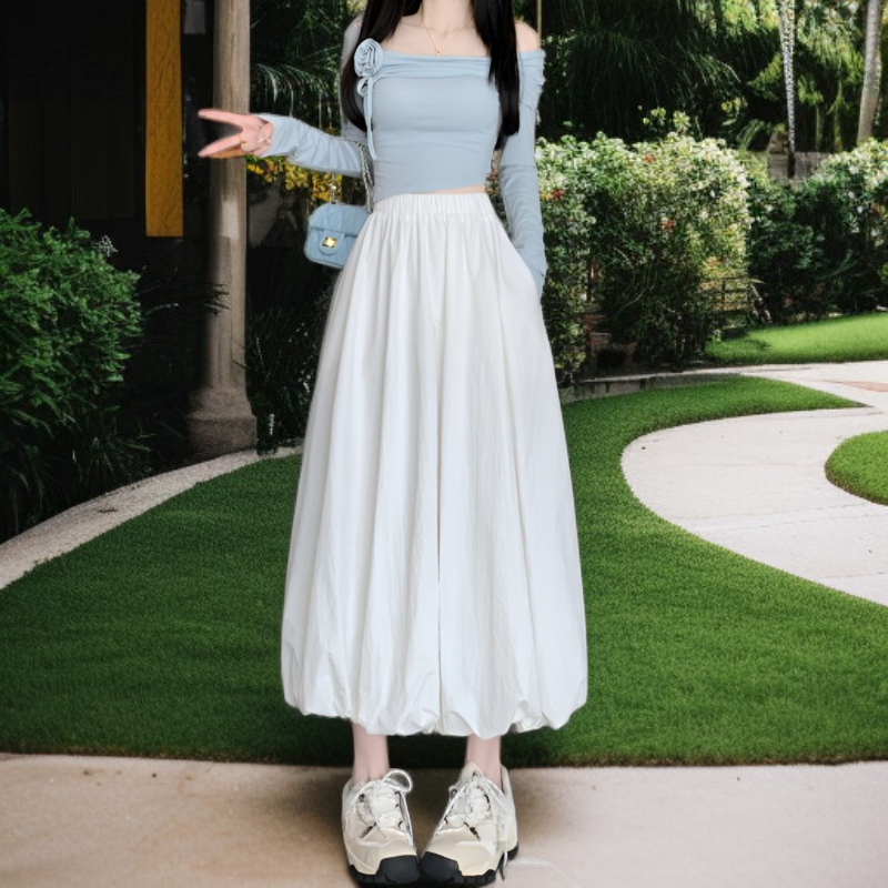 春夏秋新作レディースワーク風バルーンロングスカート、パラシュート素材、ポケット・ゴムウエスト付き、体型カバー、M～2XL