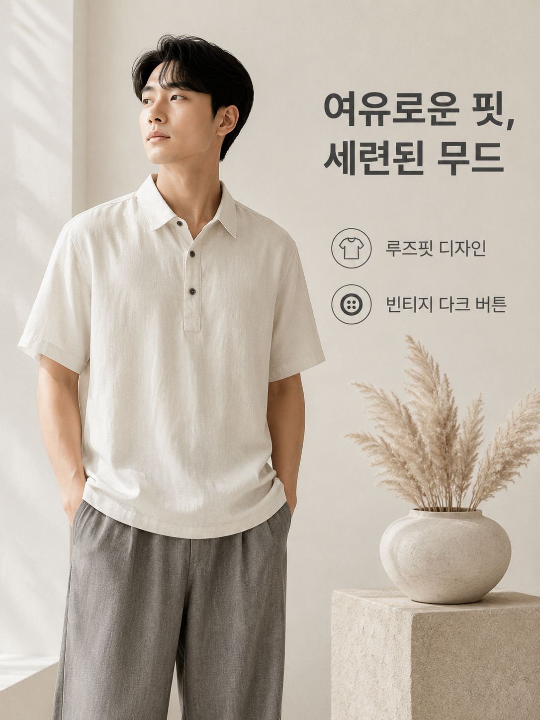 남성 빈티지 린넨 반팔 셔츠