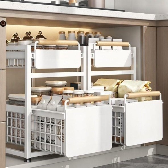 廚房收納架 可抽拉式碗碟置放架 多功能瓶罐整理架