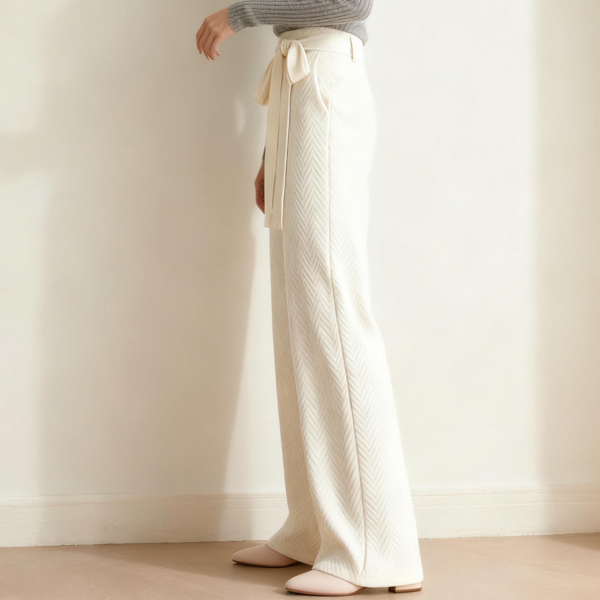 여성용 와이드 팬츠 리본 디테일 확대