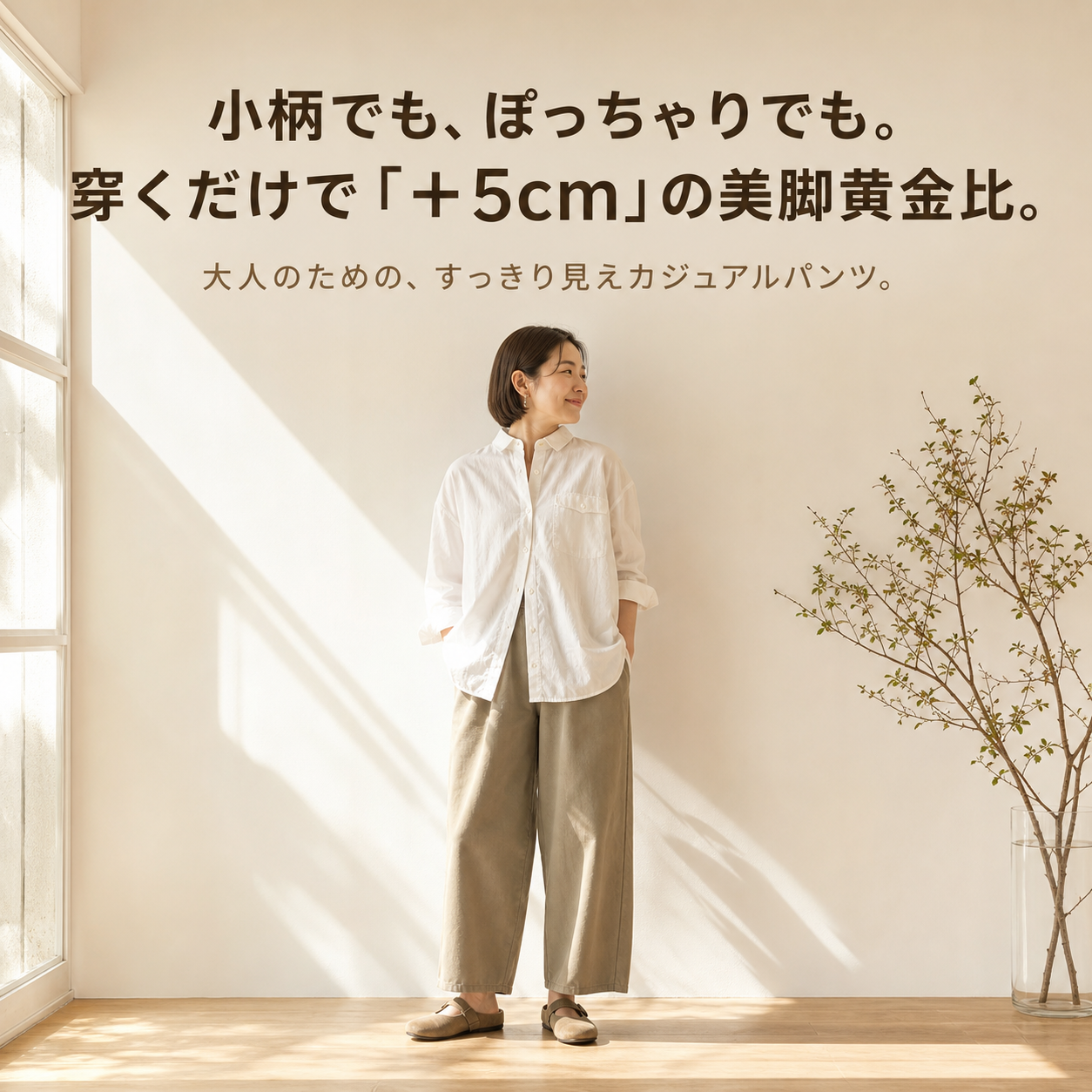 小柄女性用 九分丈ストレートワイドワークパンツ ゆったり細見えカジュアルパンツ