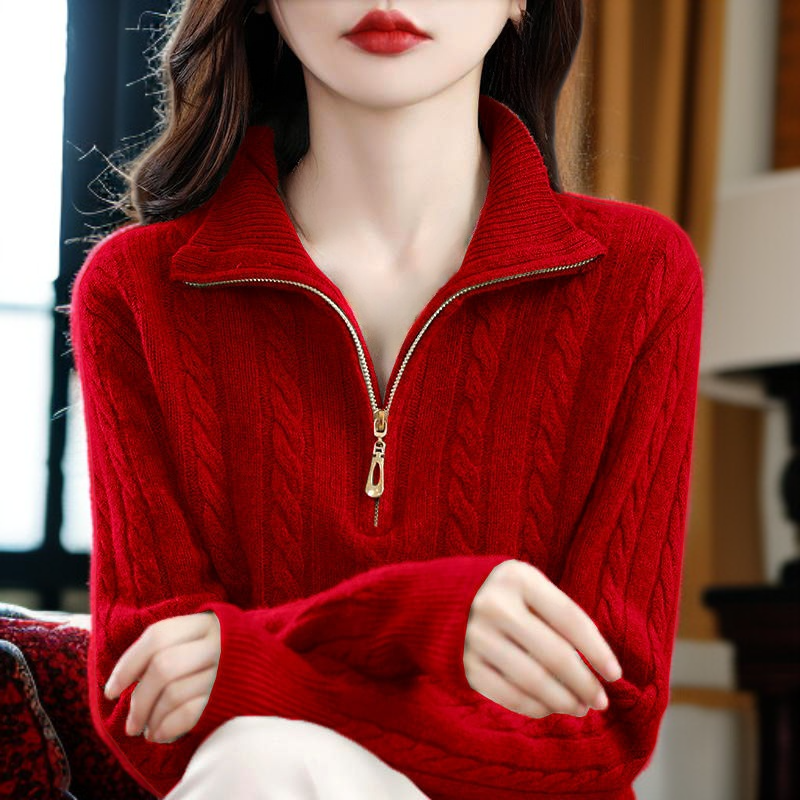 하이넥 지퍼형 단색 스웨터