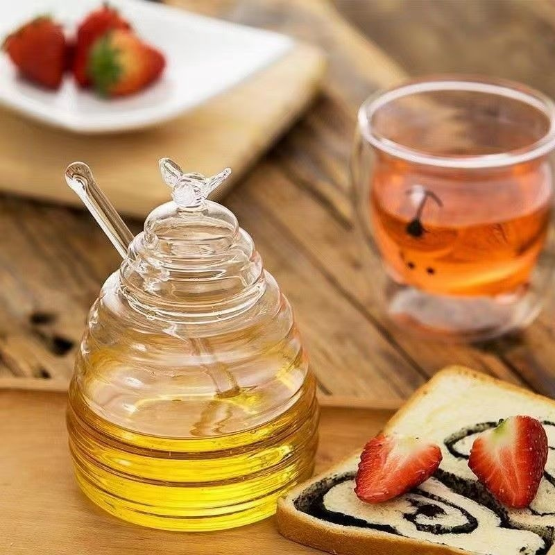 Tarro de vidrio de borosilicato alto para té, dulces y miel con varilla agitadora y tapa hermética