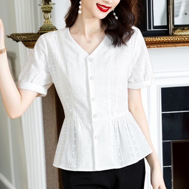 여름 신상 패셔너블하게 배를 가리는 중년 엄마 허리띠를 줄여 날씬해 보이는 블라우스녀