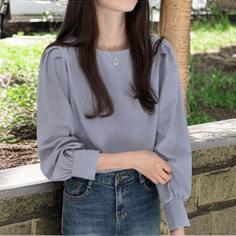 女性の秋の白い老化長袖シャツ緩い泡袖ブラウスヘイズブルー長袖シャツ