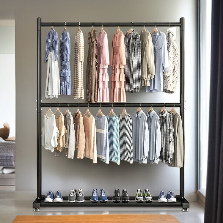 移動式雙層衣架支架系統多功能衣帽架衣物掛架衣櫥
