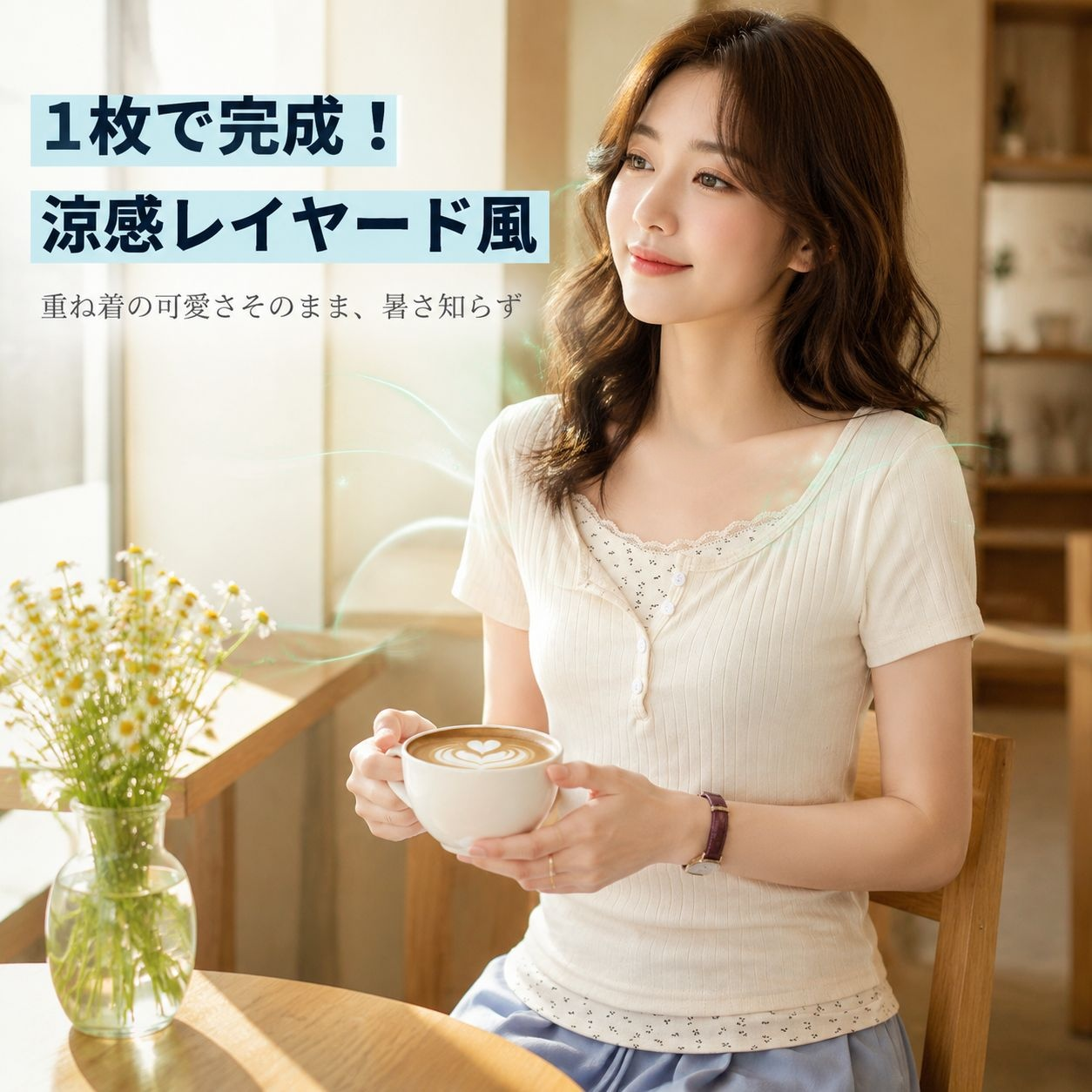 レース付きデザイン 重ね着風スリム半袖トップス