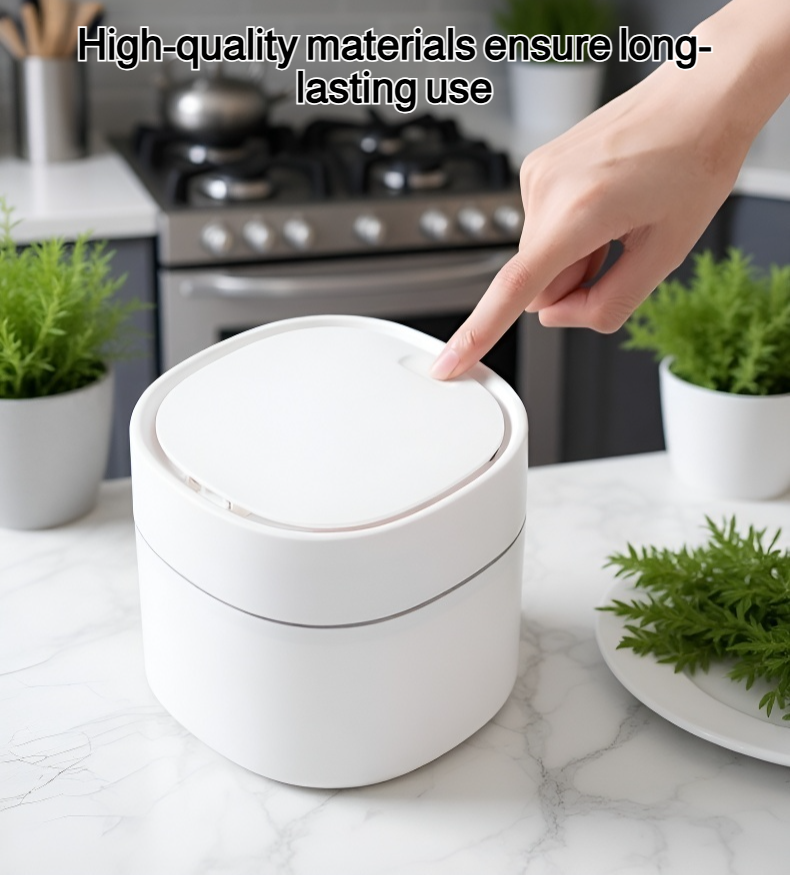 Flip-top trash can with closed lid in modern kitchen