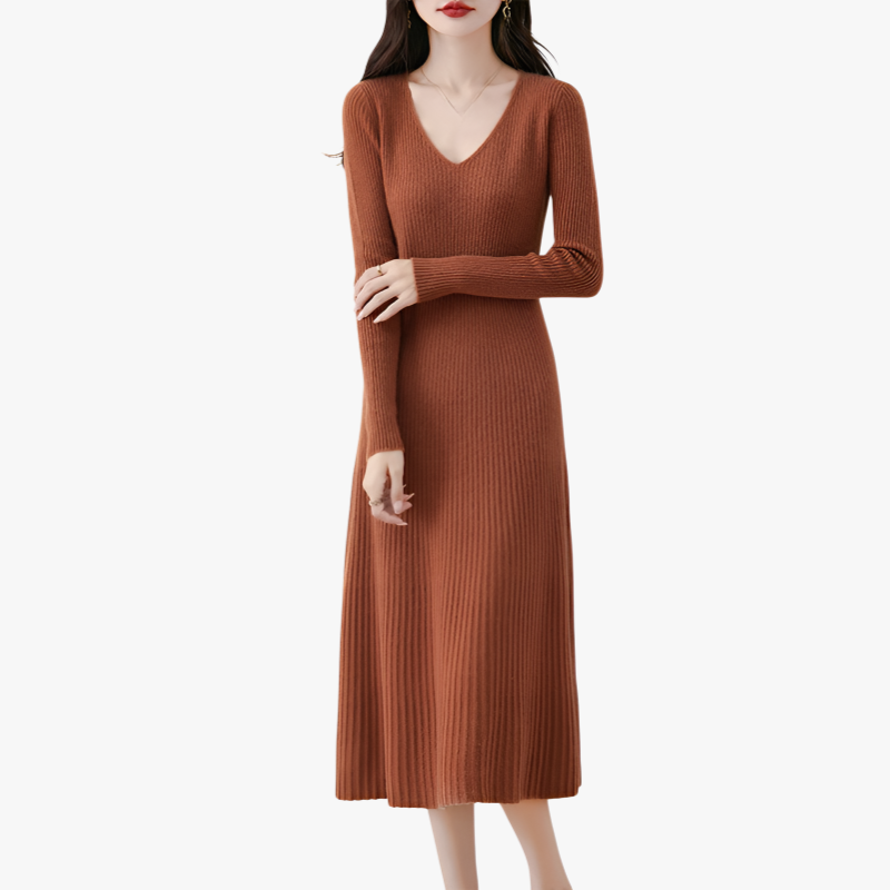 【Brelia-jp】2025年秋冬 Vネックニットワンピース レディース エレガントで着痩せ効果抜群 無地ロングワンピース コートとの重ね着にも