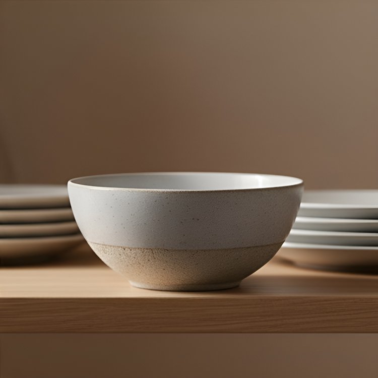 Sada keramických misek v šedé barvě na stole