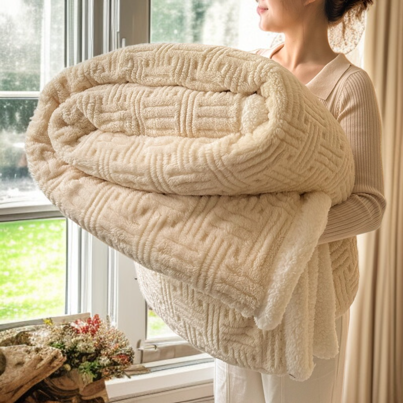 羊羔絨雙層加厚雕花毯子