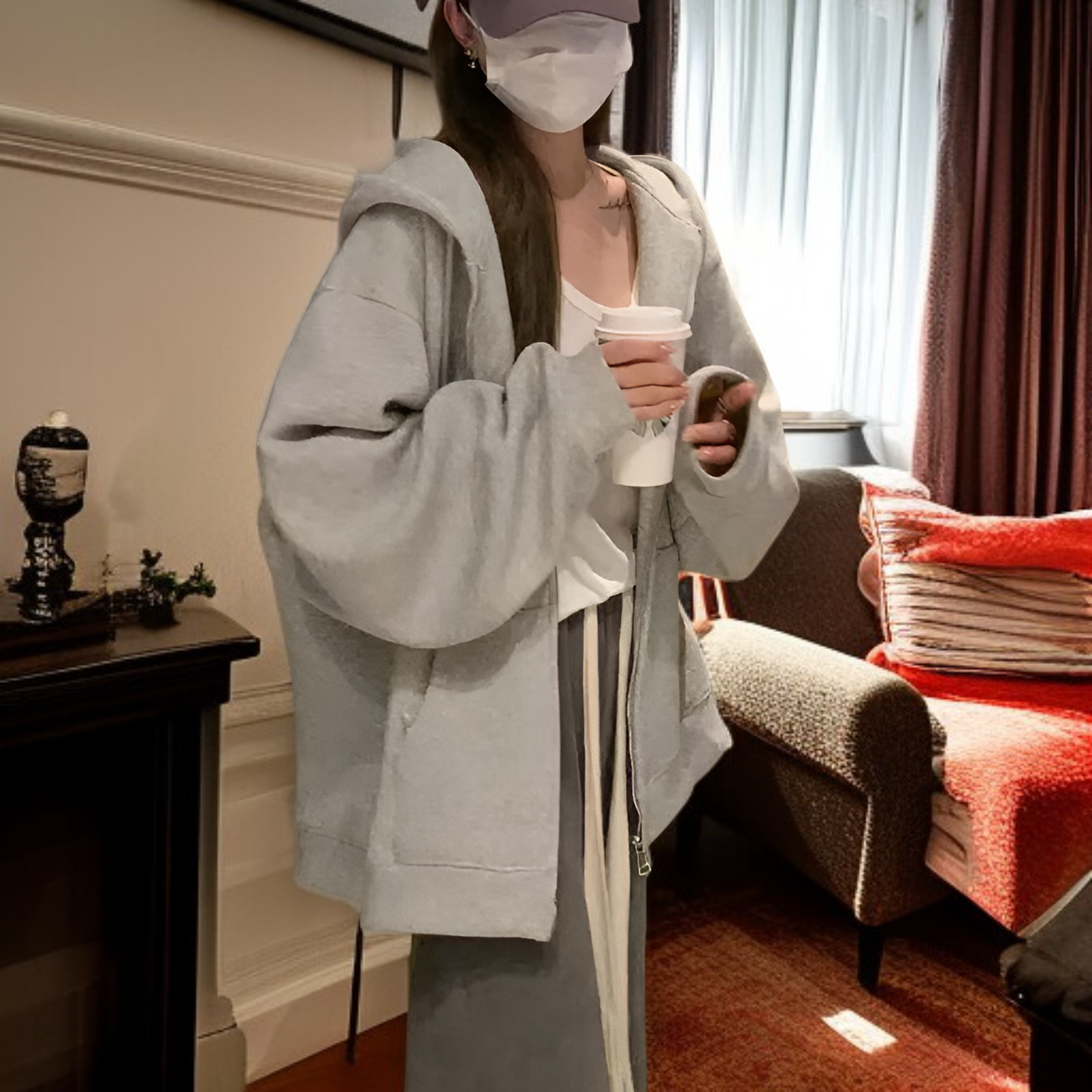 韓国風 ゆったり グレー ジップアップ スウェットパーカー