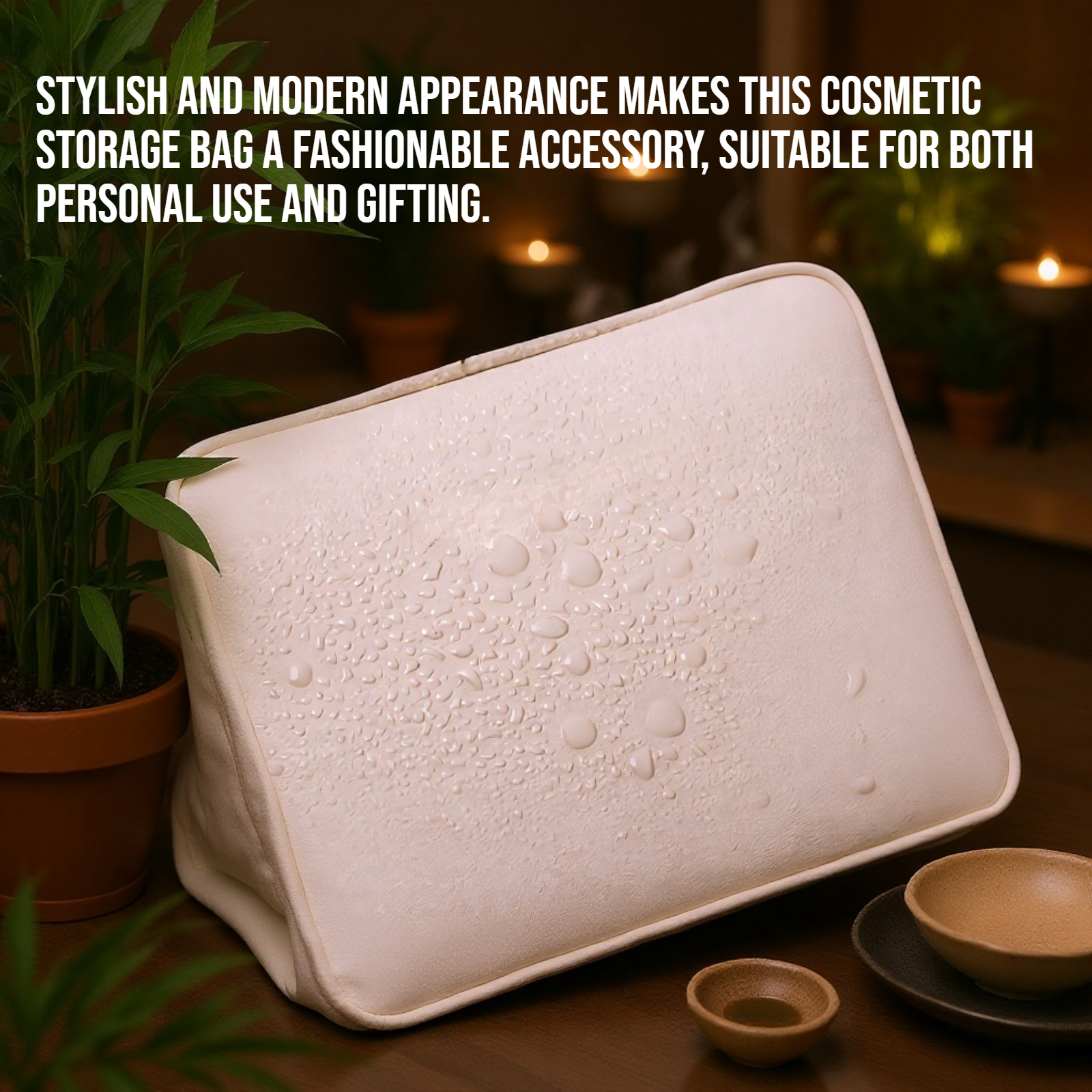 Open makeup bag showing organized compartments