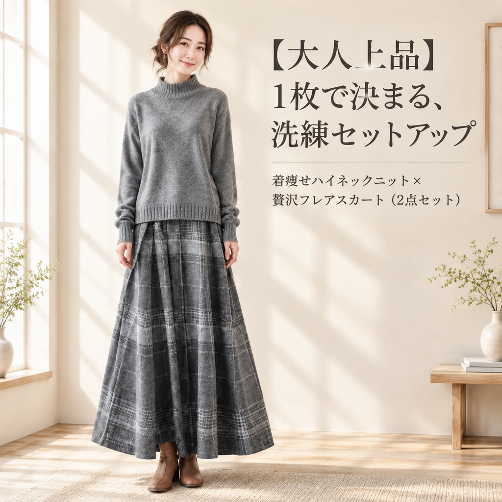 日系春秋冬新作ハイネックセーター+スカート2点セット