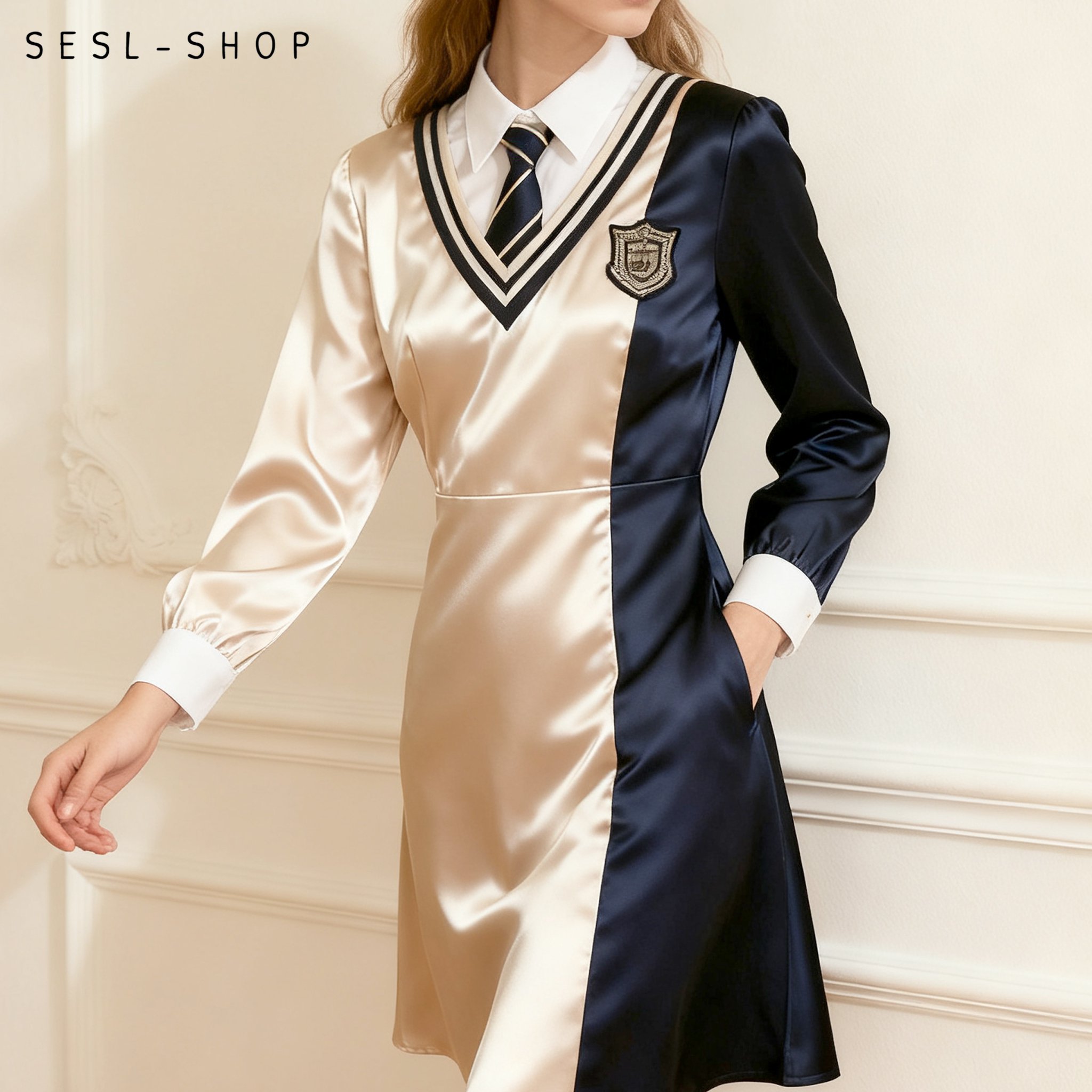 ชุดเดรสผ้าซาตินฝรั่งเศส ดีไซน์หรูหรา