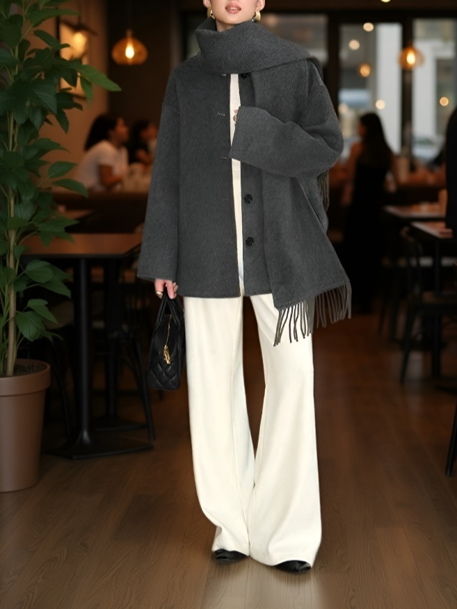 허본풍 말라드 스카프 일체형 울 코트