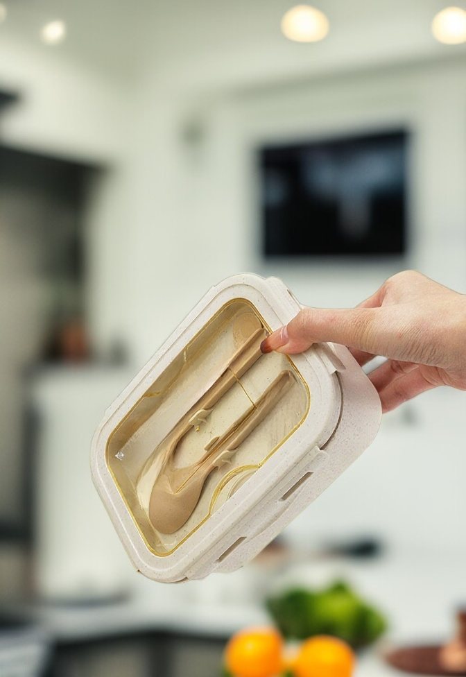 Stylish lunch box for work with built-in cutlery compartment