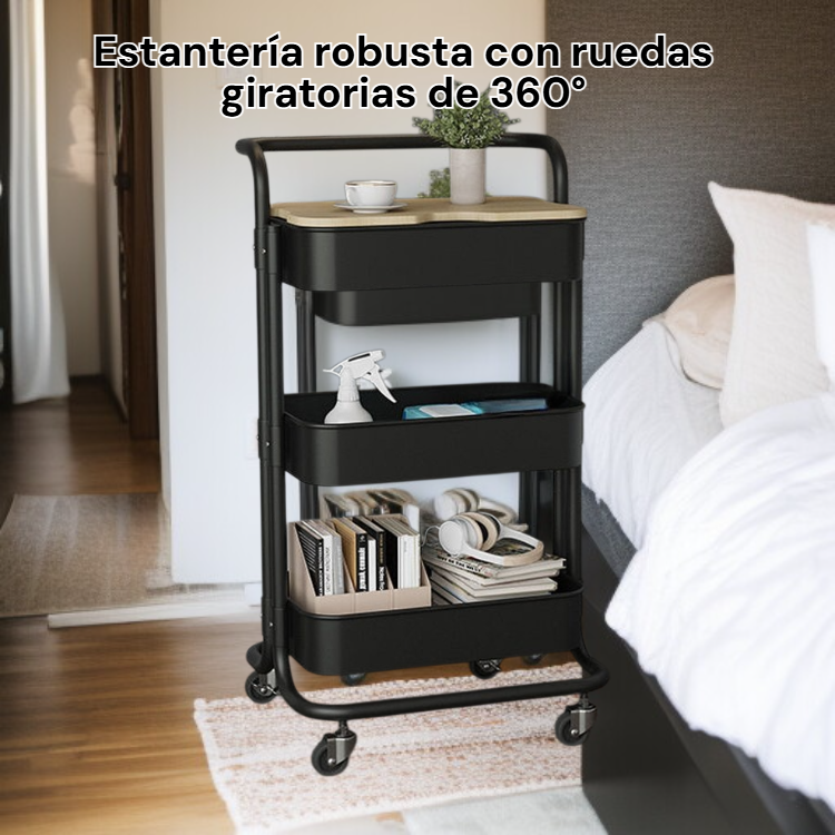 Carro de almacenamiento de 3 niveles con estantería móvil