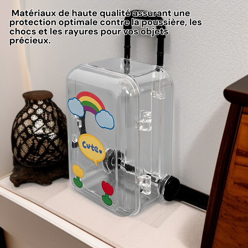 Boîte à bijoux petite valise à roulettes, boîte de rangement transparente mobile