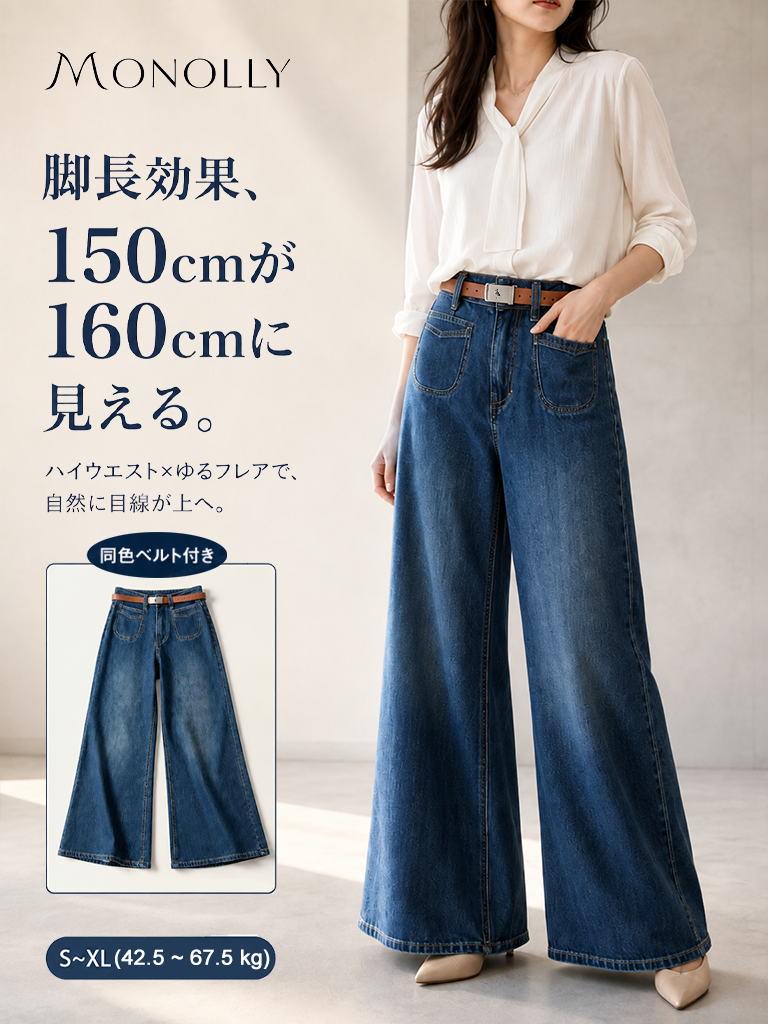 Monolly ヴィンテージ風 ハイウエスト 美脚セミフレアデニム