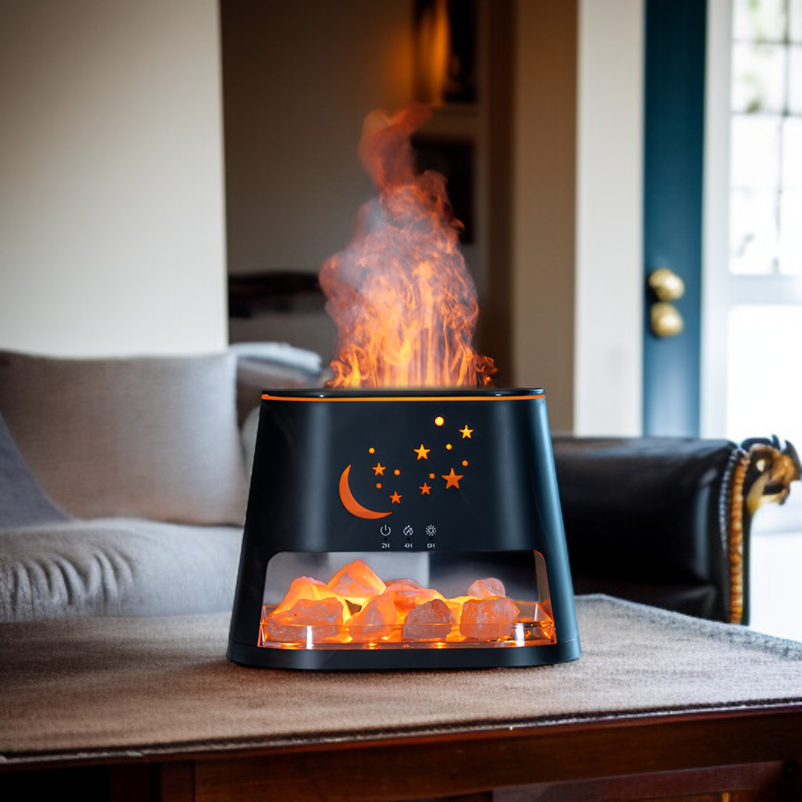 2025年新登場 天然ヒマラヤ岩塩炎アロマセラピーディフューザー 焚き火加湿器 超音波マイナスイオン リモコン付き 3段階調光 乾燥やけど防止 卓上USB大容量ミスト カラフルLEDライト付き エッセ