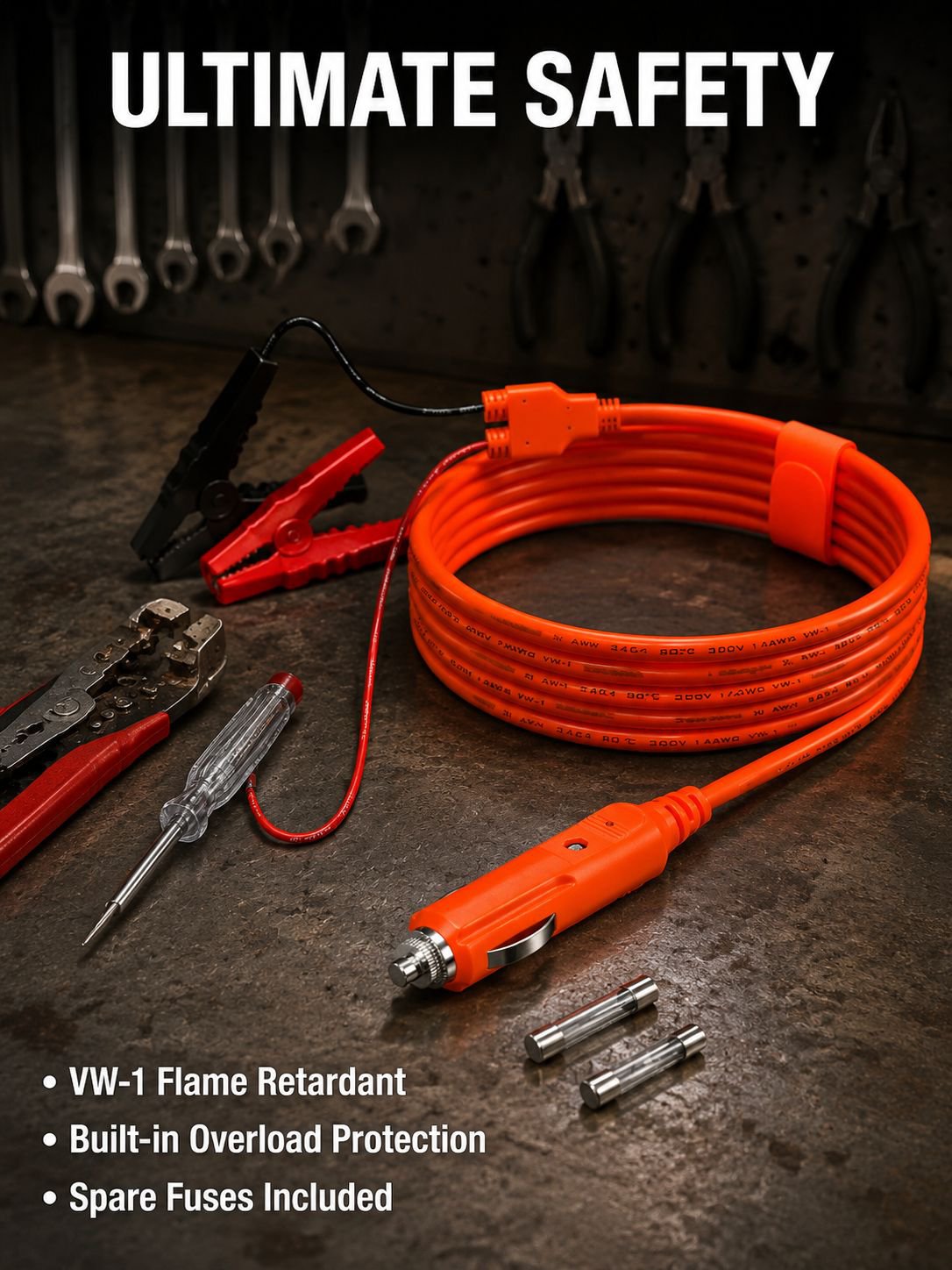 14AWG 2-meter car battery charging cable with cigarette lighter plug to alligator clip, 12V.