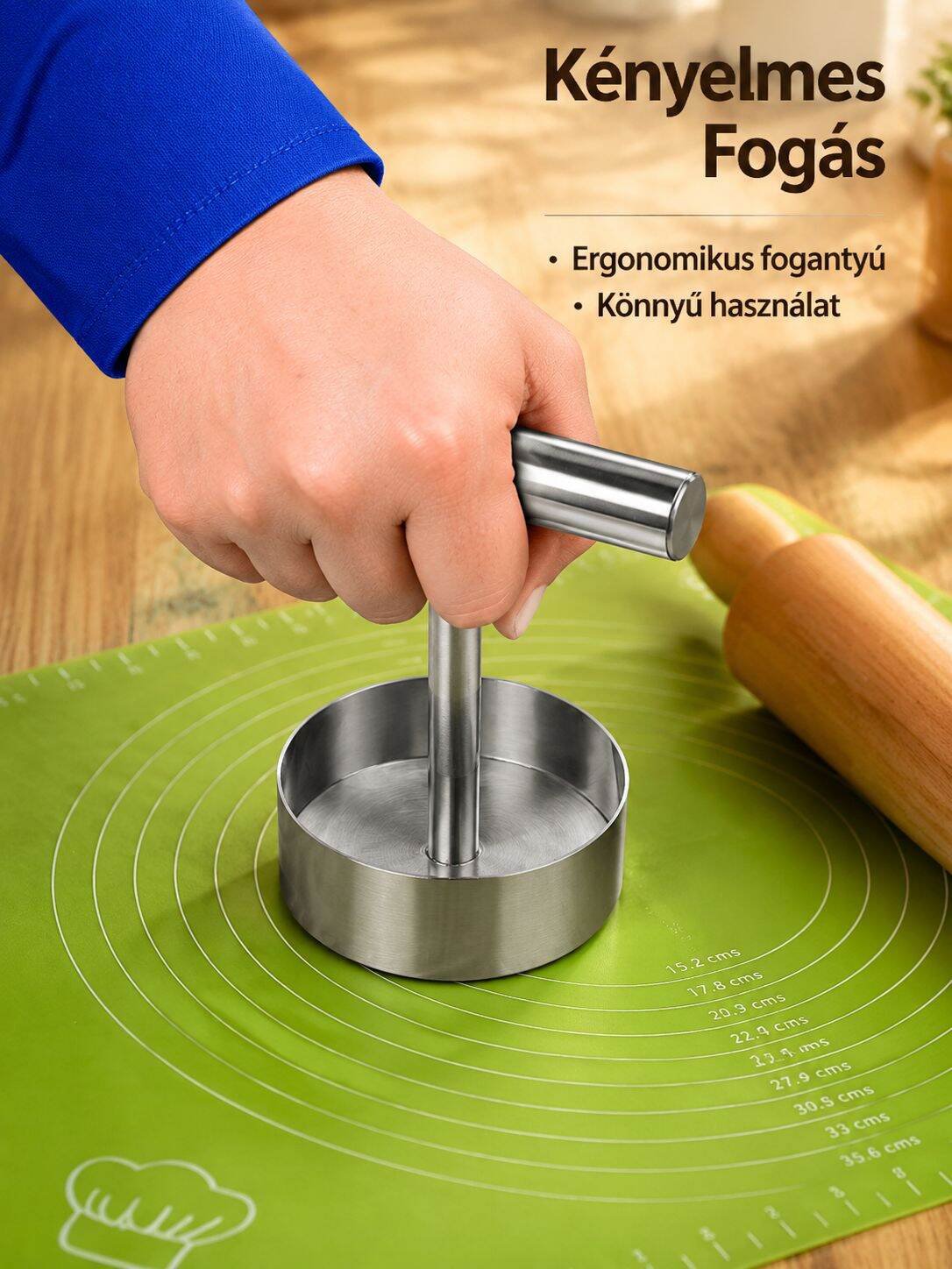 Rozsdamentes acél kör alakú pogácsa nyomó