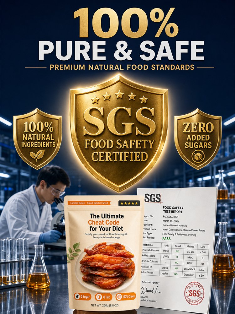 100% Pure NC Golden Sweet Potato Chews: Zero Sugar High Fiber Vegan Snack for Better Digestion.