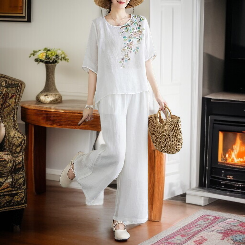 빈티지 프린트 라운드 세트 여 여름 풀오버 린넨 셔츠 얇은 와이드 팬츠 슬림해 보이는 면마 투피스