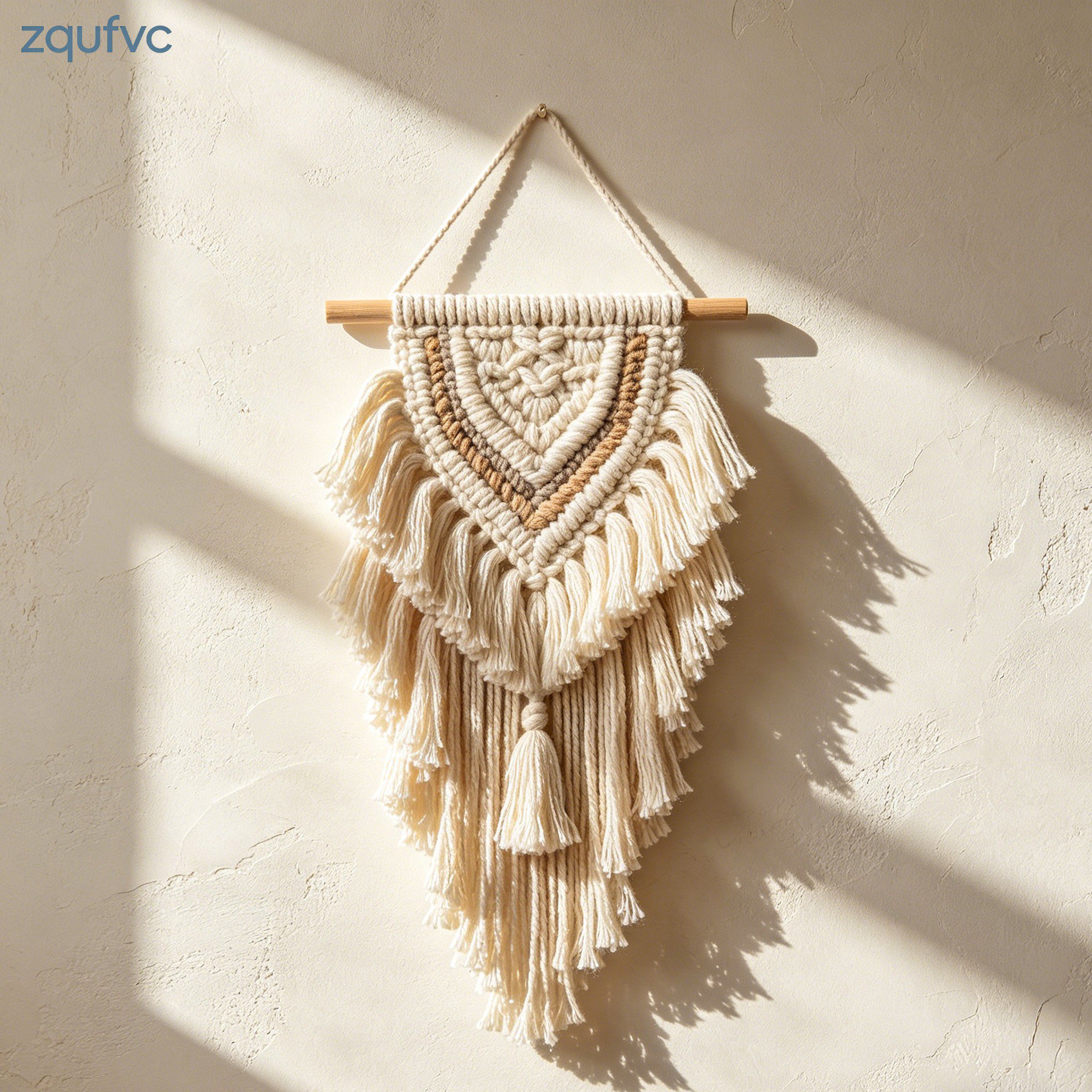 Hand-woven tapestry hanging on living room wall