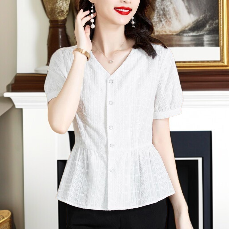 여름 신상 패셔너블하게 배를 가리는 중년 엄마 허리띠를 줄여 날씬해 보이는 블라우스녀