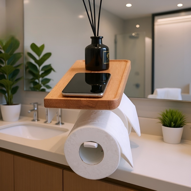 Vista lateral del soporte de papel higiénico de madera de nogal
