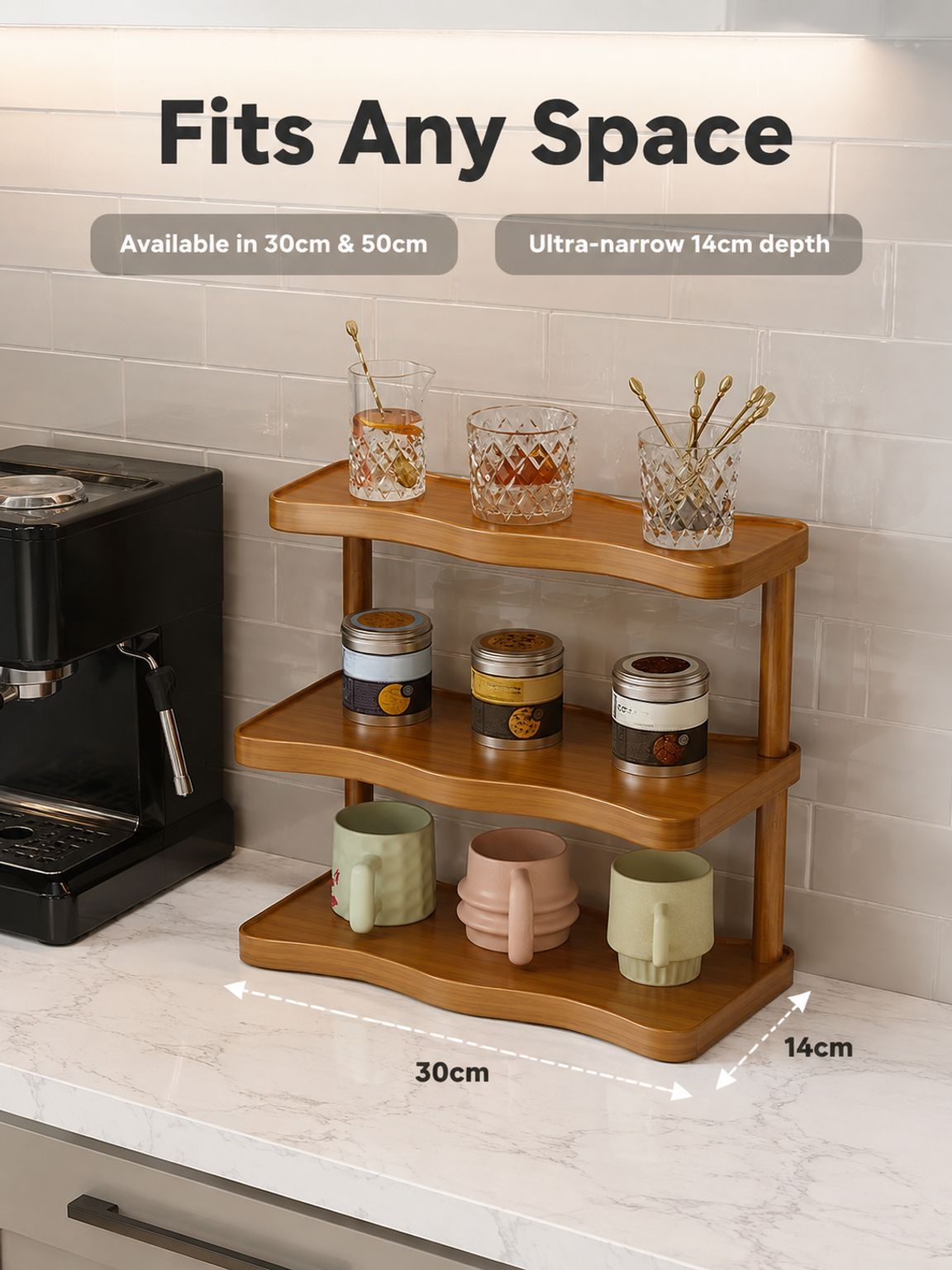 Organized coffee mugs on retro wavy cup stand
