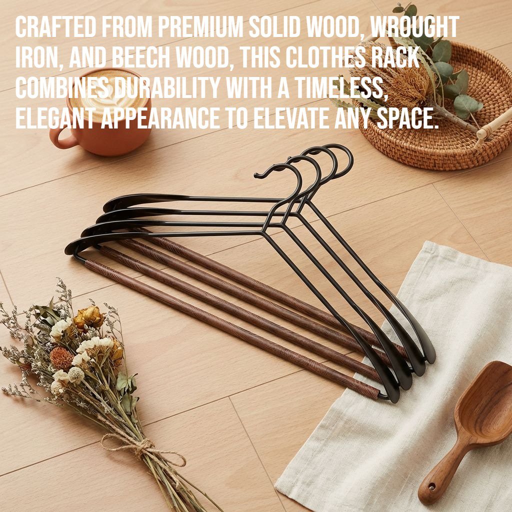 Solid wood, wrought iron, and beech wood clothes rack