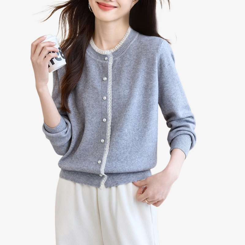 여성 그레이 니트 가디건 아우터 무드 상의 레이스 긴팔 니트