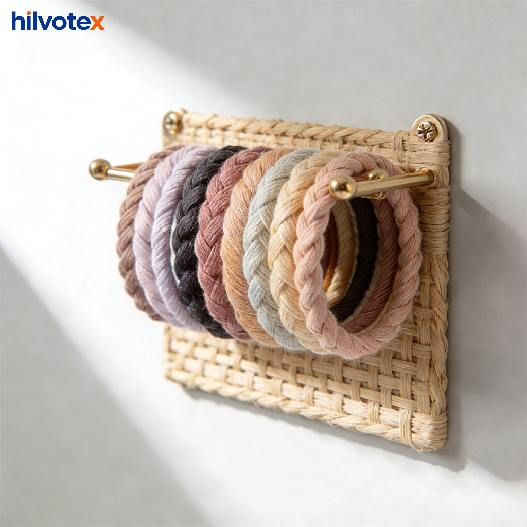 Wall-mounted woven hair tie rack hanging on a white wall
