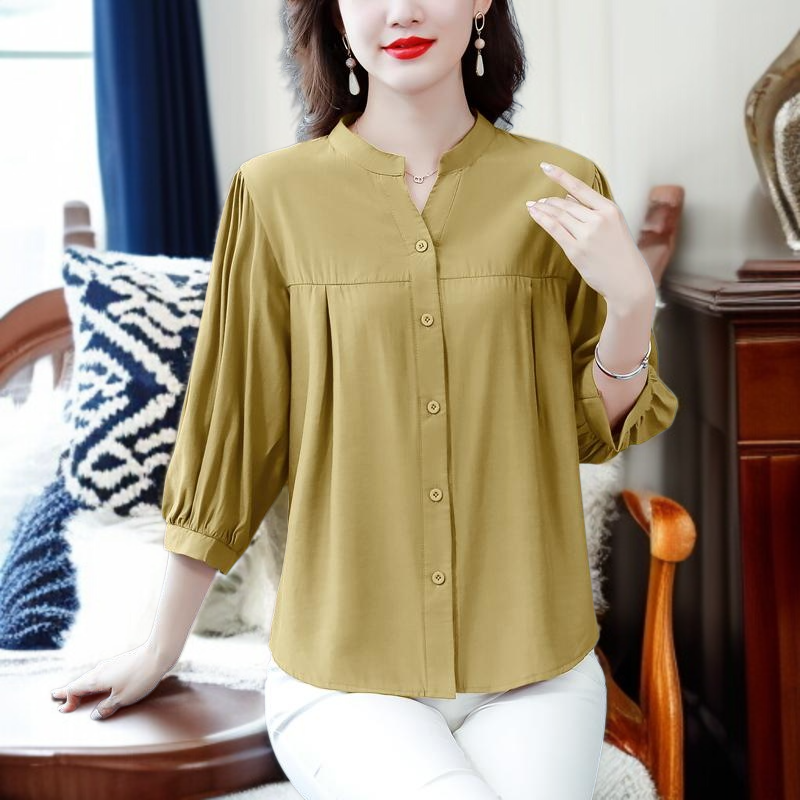 면 마 셔츠 여 린넨 상의 고급 반팔 칠부 소매 엄마 루즈핏 배 가리개 블라우스 고급스러움