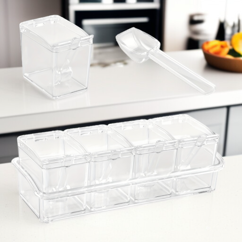 주방용 투명 양념통 4개 세트 스푼 포함 정리 선반