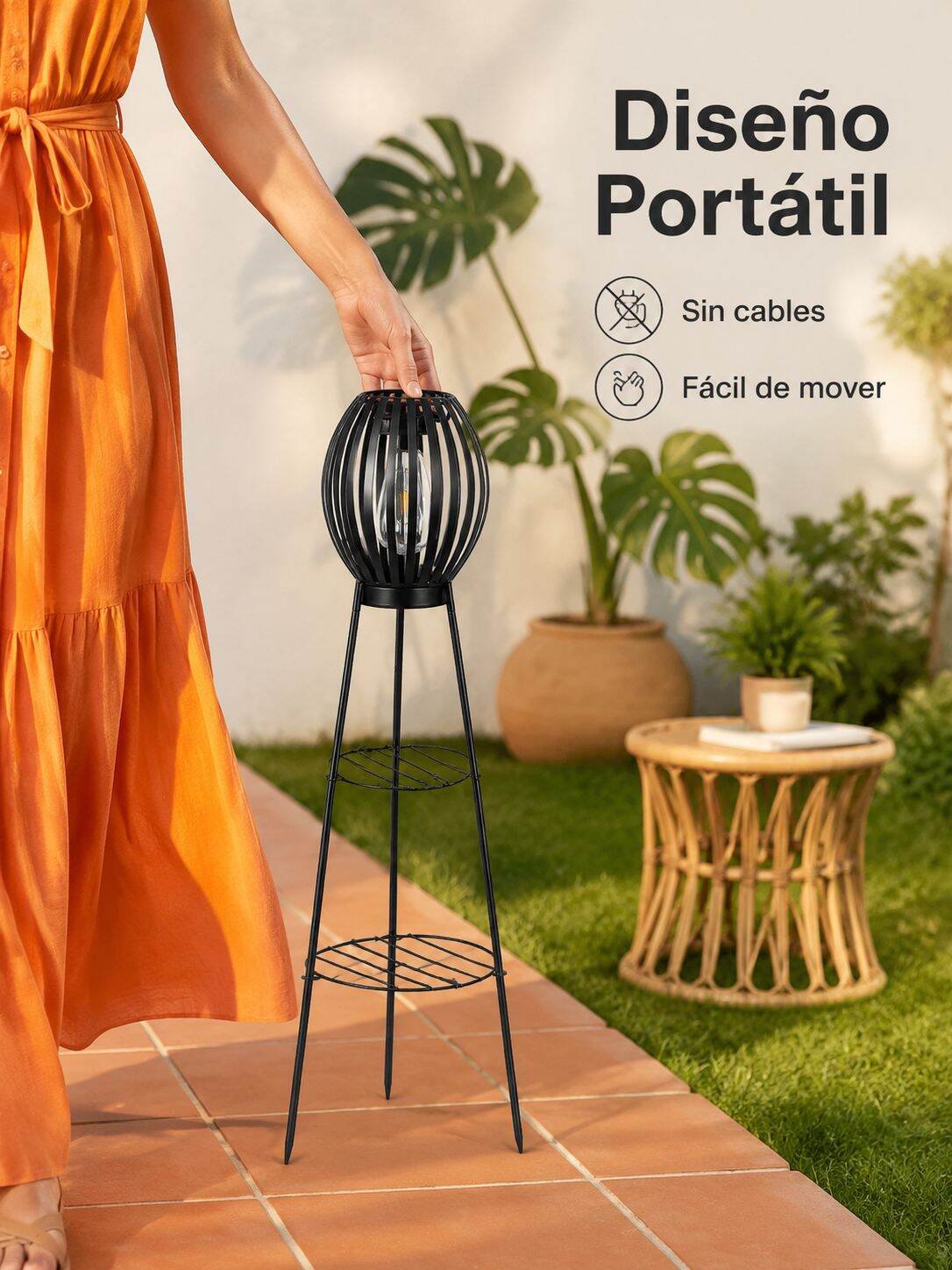 Lámpara solar decorativa encendida al anochecer